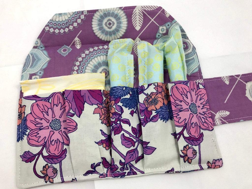 Purple Sanitary Pad Holder, Floral Tampon Wallet, Berry Feminine Products Bag - EcoHip Custom Designs