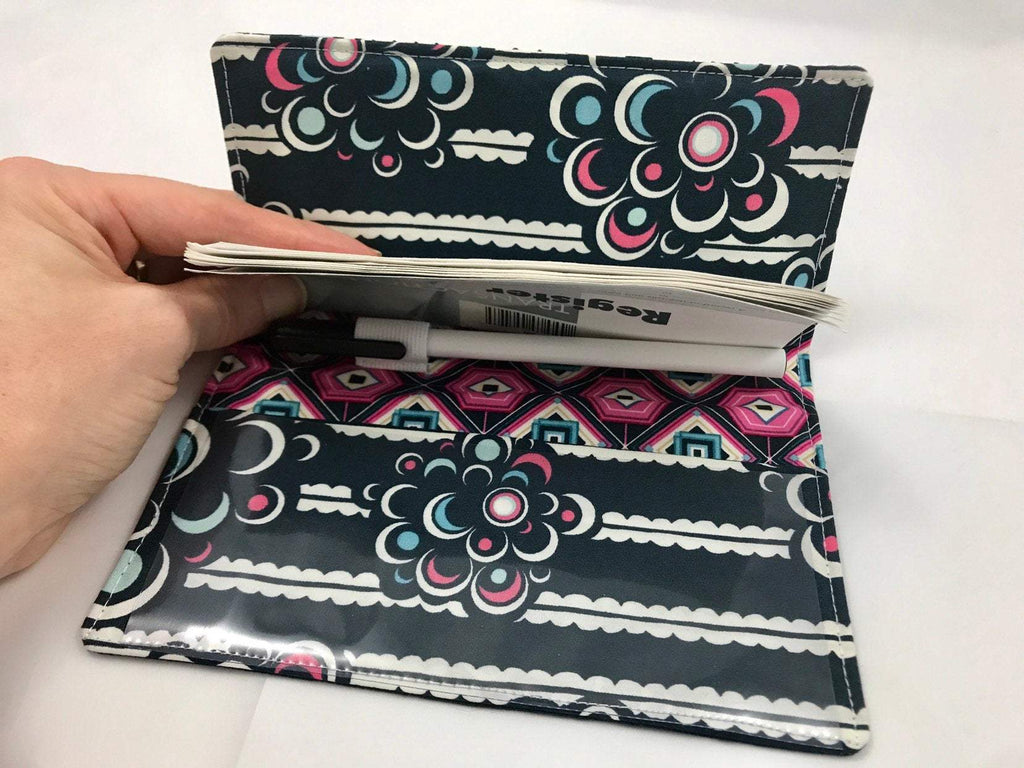 Striped Duplicate Checkbook Cover, Pink Check Book Wallet, Pen Holder, Black and White - EcoHip Custom Designs