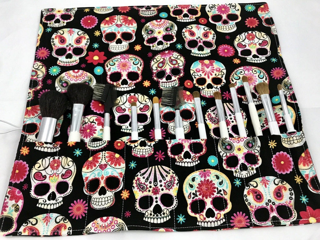 Sugar Skull Makeup Brush Roll, Black Cosmetic Brush Holder, Travel Paint Brush Case - EcoHip Custom Designs