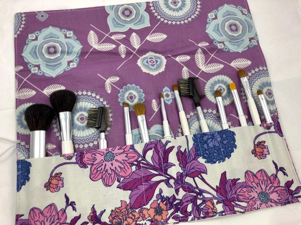 Purple Floral Makeup Brush Roll, Travel Make Up Brush Pouch, Paint Brush Organizer - EcoHip Custom Designs