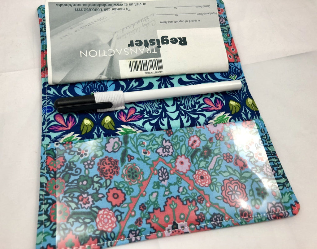 Light Blue Checkbook Holder, Duplicate Check Book Cover, Pen Holder, Vinyl Flap - EcoHip Custom Designs