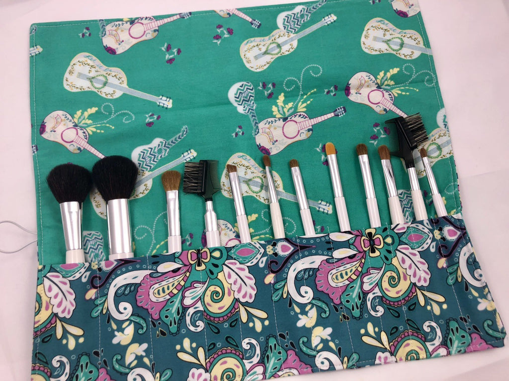 Green Makeup Brush Roll, Guitar Make Up Brush Holder Case - EcoHip Custom Designs