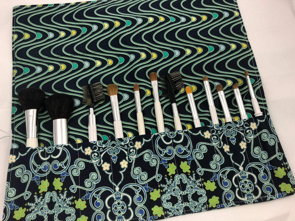 Blue Travel Makeup Brush Holder, Fabric Cosmetic Brush Bag, Artist Pencil Roll Up - EcoHip Custom Designs