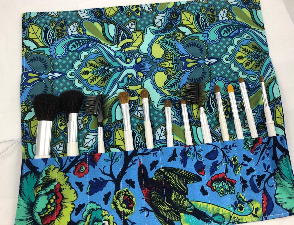 Blue Floral Cosmetic Brush Holder, Travel Makeup Brush Case, Brush Bag - EcoHip Custom Designs