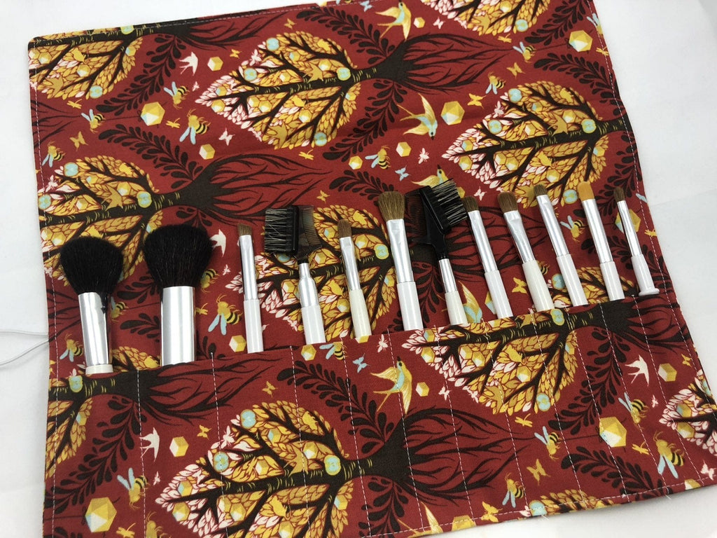 Tree of Life Makeup Brush Roll, Red Travel Cosmetic Brush Case Bag - EcoHip Custom Designs