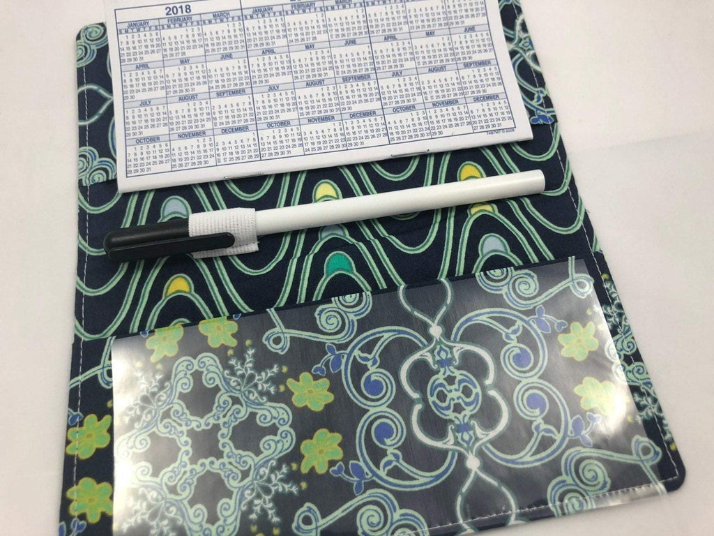 Dark Blue Checkbook Register, Geometric Blue Duplicate Check Book Holder, Pen Holder - EcoHip Custom Designs