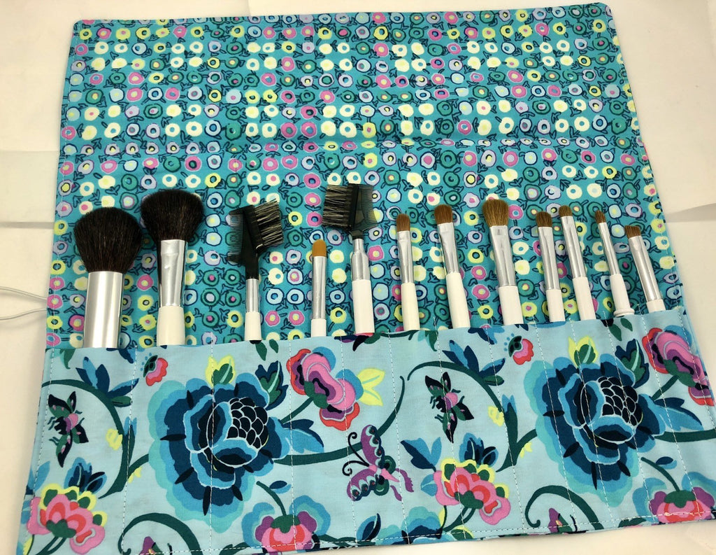 Blue Floral Makeup Brush Roll, Travel Cosmetic Brush Case, Polka Dots - EcoHip Custom Designs