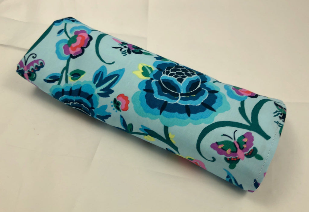 Blue Floral Makeup Brush Roll, Travel Cosmetic Brush Case, Polka Dots - EcoHip Custom Designs