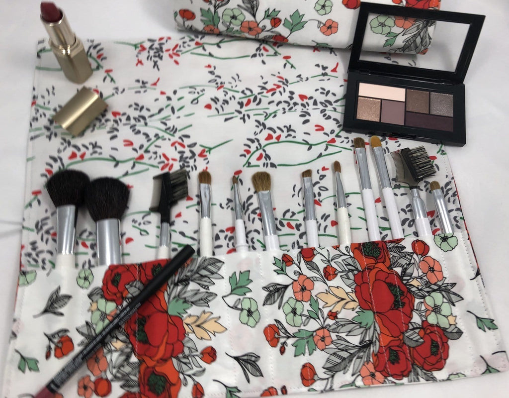 Red Floral Cosmetic Brush Roll, Travel Makeup Brush Holder, Paint Brush Bag - EcoHip Custom Designs