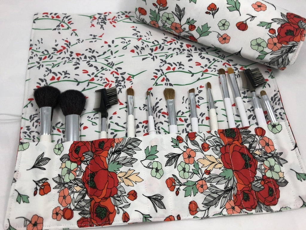 Red Floral Cosmetic Brush Roll, Travel Makeup Brush Holder, Paint Brush Bag - EcoHip Custom Designs