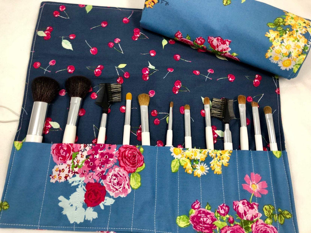 Gray Makeup Brush Case, Blue Make Up Brush Holder, Cosmetic Brush Bag - EcoHip Custom Designs