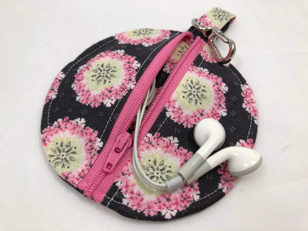 Pink Floral Ear Pods Case, Zipper Headphone Cozy, Pacifier Pouch - EcoHip Custom Designs
