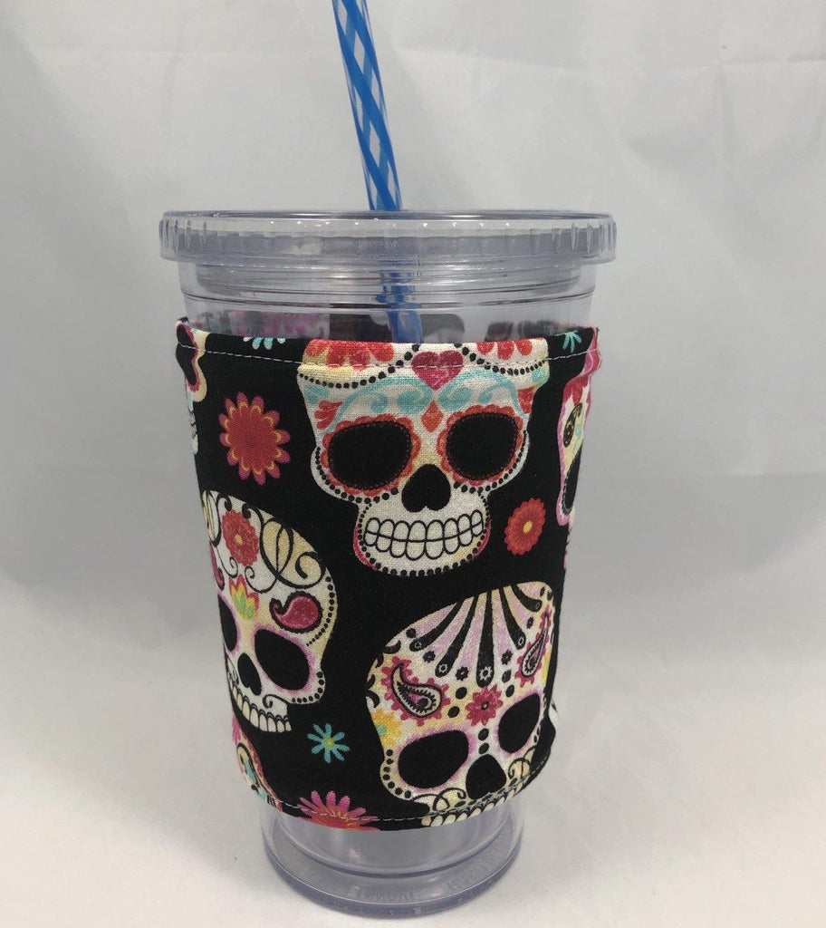 Reversible Coffee Cozy, Insulated Coffee Sleeve, Coffee Cuff, Iced Coffee Sleeve, Hot Tea Sleeve, Cold Drink Cup Cuff - Sugar Skull, Cat