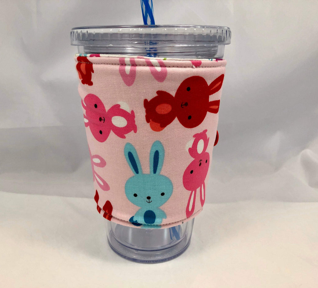 Bunny Rabbit Reversible Coffee Cozy, Pink Bird Hot Coffee Sleeve, Iced Coffee Cuff - EcoHip Custom Designs