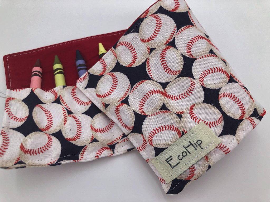 Boy's Crayon Roll, Sports Crayon Case, Toddler Travel Toy, Stocking Stuffer, Travel Crayon Caddy - Baseballs