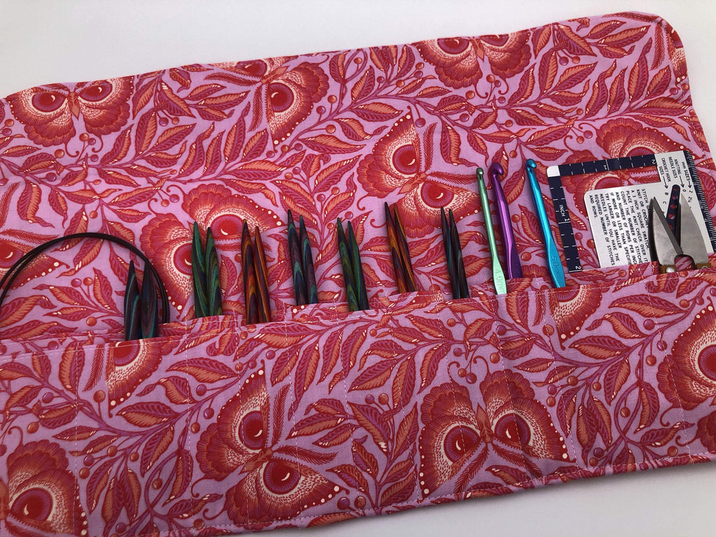 Pink Interchangeable Knitting Needle Roll, Crochet Notions Storage, Crochet Hook Case - EcoHip Custom Designs