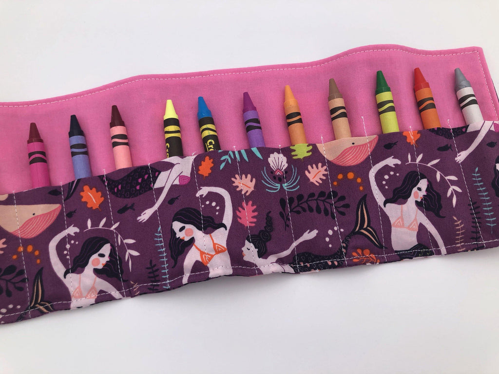 Mermaid Crayon Roll, Purple Crayon Case, Gir's Crayon Toy, Pink - EcoHip Custom Designs