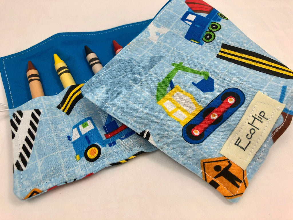 Blue Construction Trucks, Bulldozer Crayon Roll, Toy for Toddlers - EcoHip Custom Designs