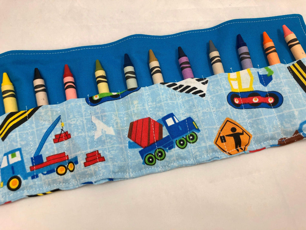 Blue Construction Trucks, Bulldozer Crayon Roll, Toy for Toddlers - EcoHip Custom Designs