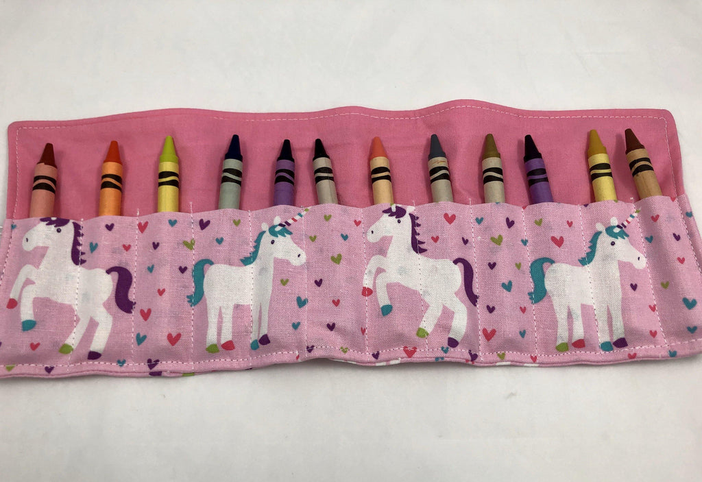 Pink Unicorn Crayon Roll, Hearts Crayon Case, Travel Toy for Girls - EcoHip Custom Designs