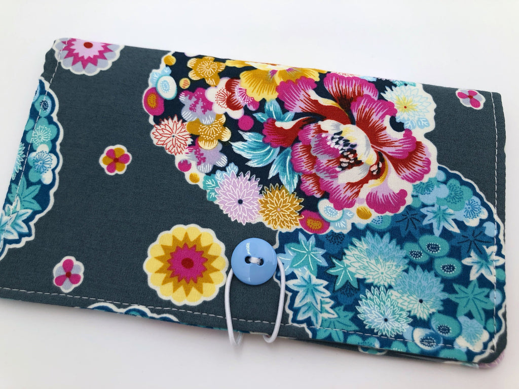 Gray Checkbook Cover, Teal Floral Duplicate Check Book, Pen Holder - EcoHip Custom Designs