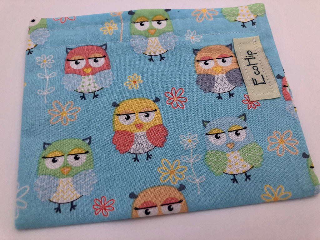 Owl Snack Bag, Reusable Blue Snack Bag, Bird School Lunch - EcoHip Custom Designs