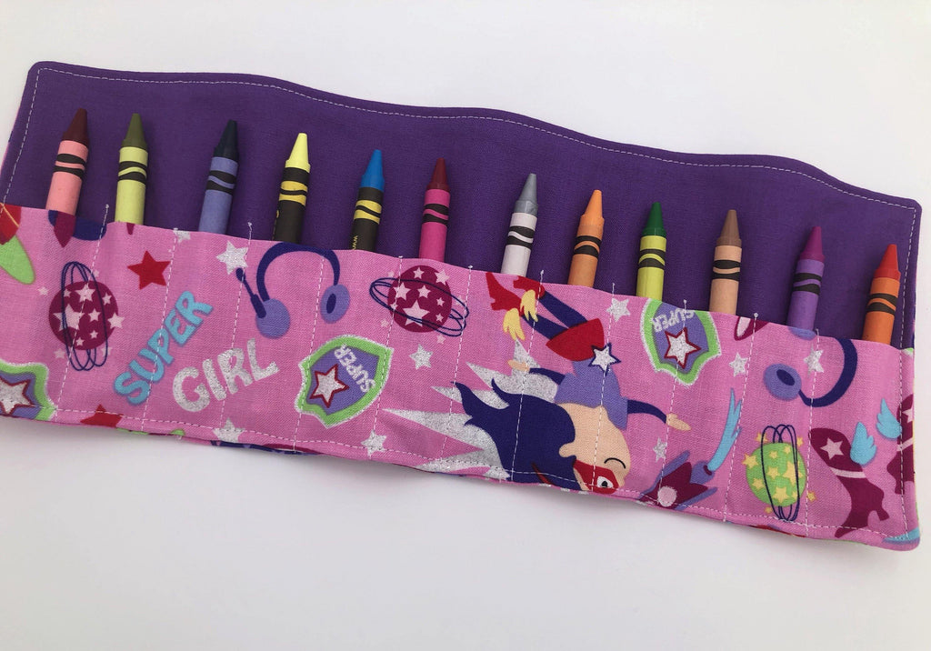 Superhero Girls Crayon Rolls, Super Girls Crayon Organizer, Pink - EcoHip Custom Designs