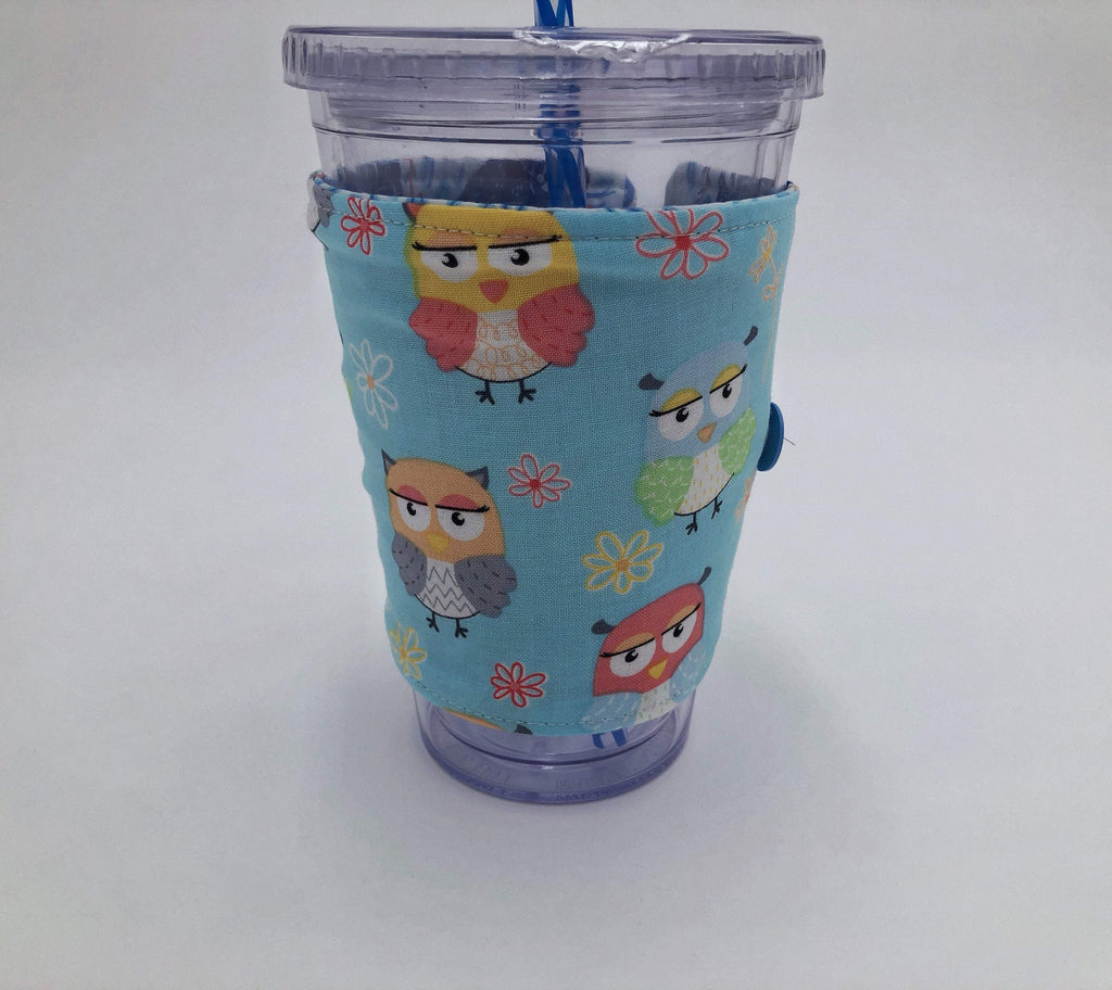 Owl Coffee Sleeve, Blue Sloth Coffee Cuff, Reversible Cold Drink Cozy - EcoHip Custom Designs
