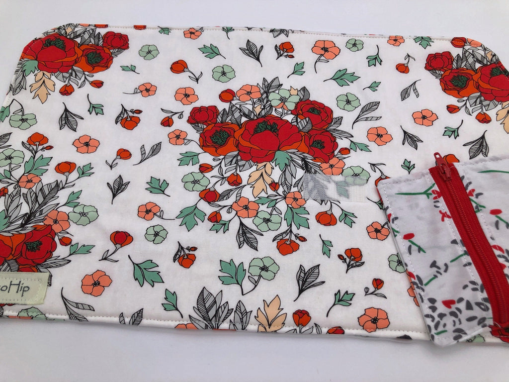 Red Interchangeable Knitting Needle Roll, Floral Crochet Hook Case, Notions Storage - EcoHip Custom Designs