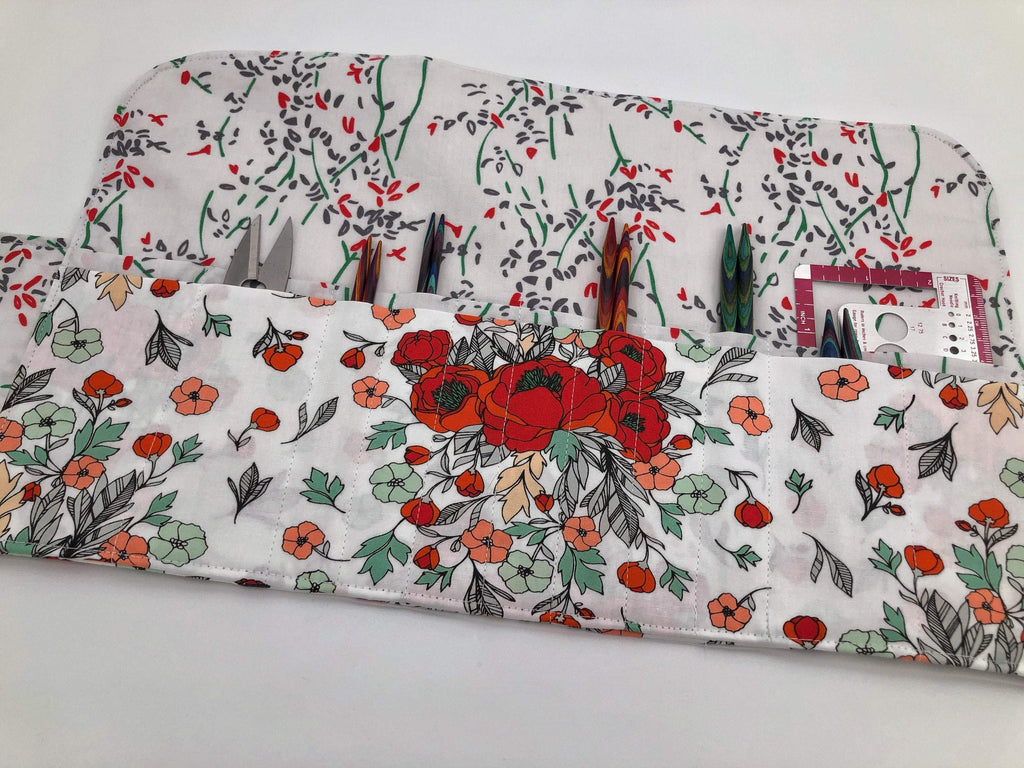 Red Interchangeable Knitting Needle Roll, Floral Crochet Hook Case, Notions Storage - EcoHip Custom Designs