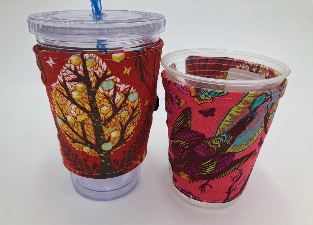 Tree of Life Coffee Sleeve, Reversible Iced Coffee Cozy, Red Cold Drink Coozie - EcoHip Custom Designs