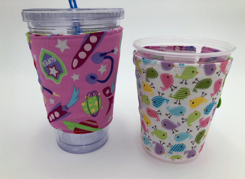 Reversible Coffee Sleeve, Bird Iced Coffee Cozy, Pink Superhero Coffee Cup Cuff - EcoHip Custom Designs
