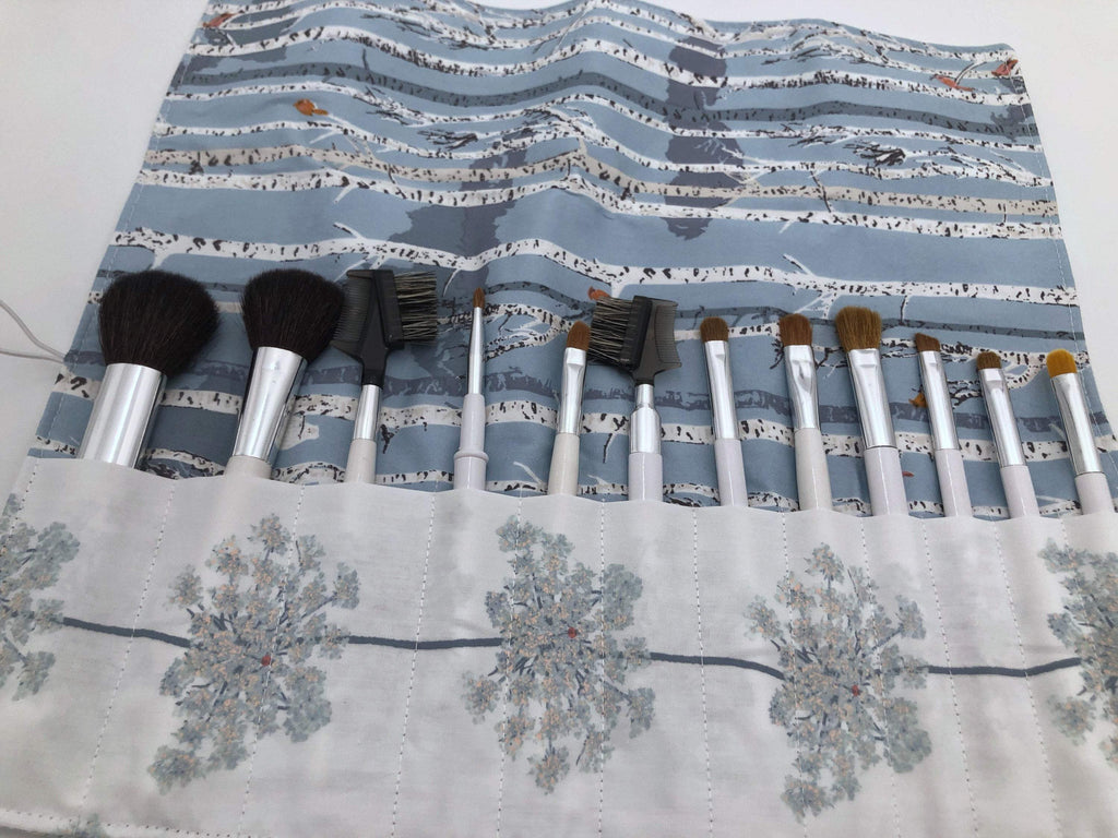 White Makeup Brush Case, Blue Forest Tree Make Up Brush Holder, Travel Brush Bag - EcoHip Custom Designs