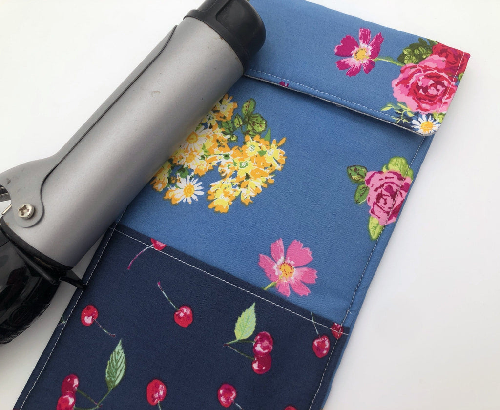 Steel Gray Curling Iron Bag, Cherry Hot Flat Iron Case, Floral Iron Cover - EcoHip Custom Designs