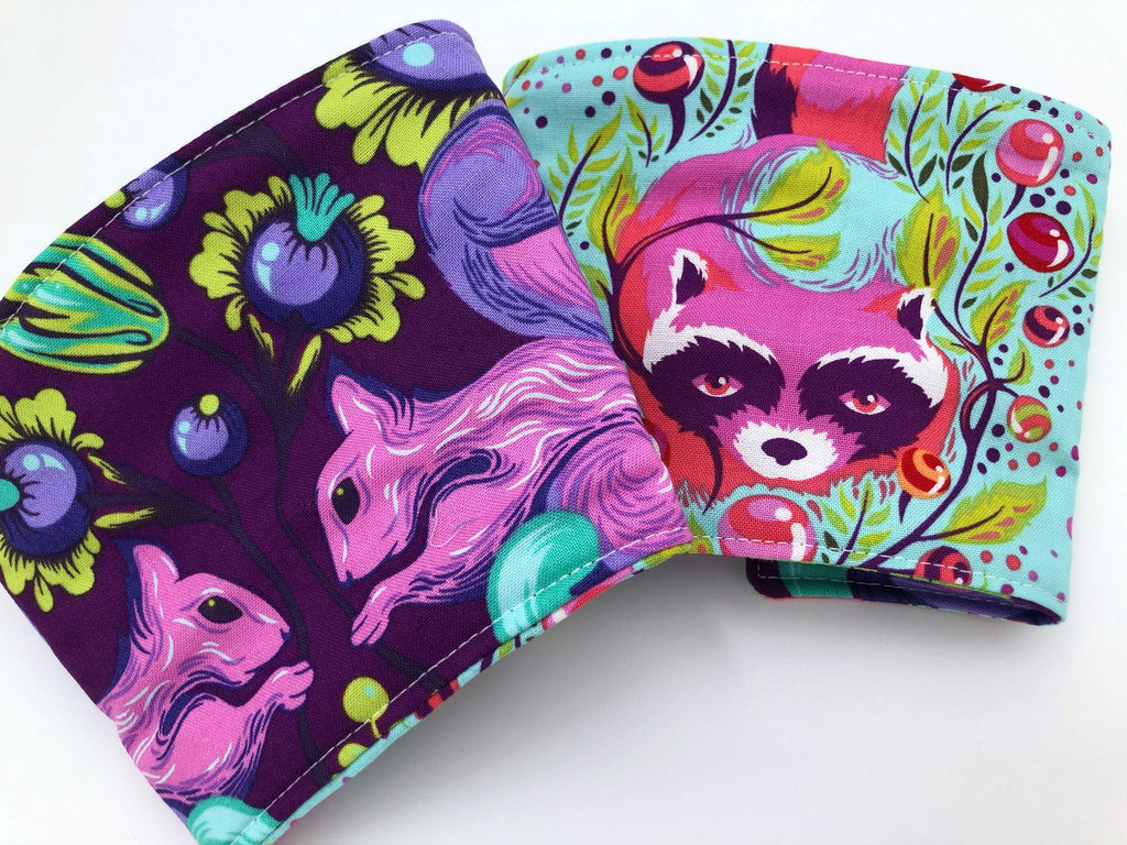 Purple Squirrel Coffee Sleeve, Reversible Coffee Cozy, Green Raccoon Cup Coozie - EcoHip Custom Designs