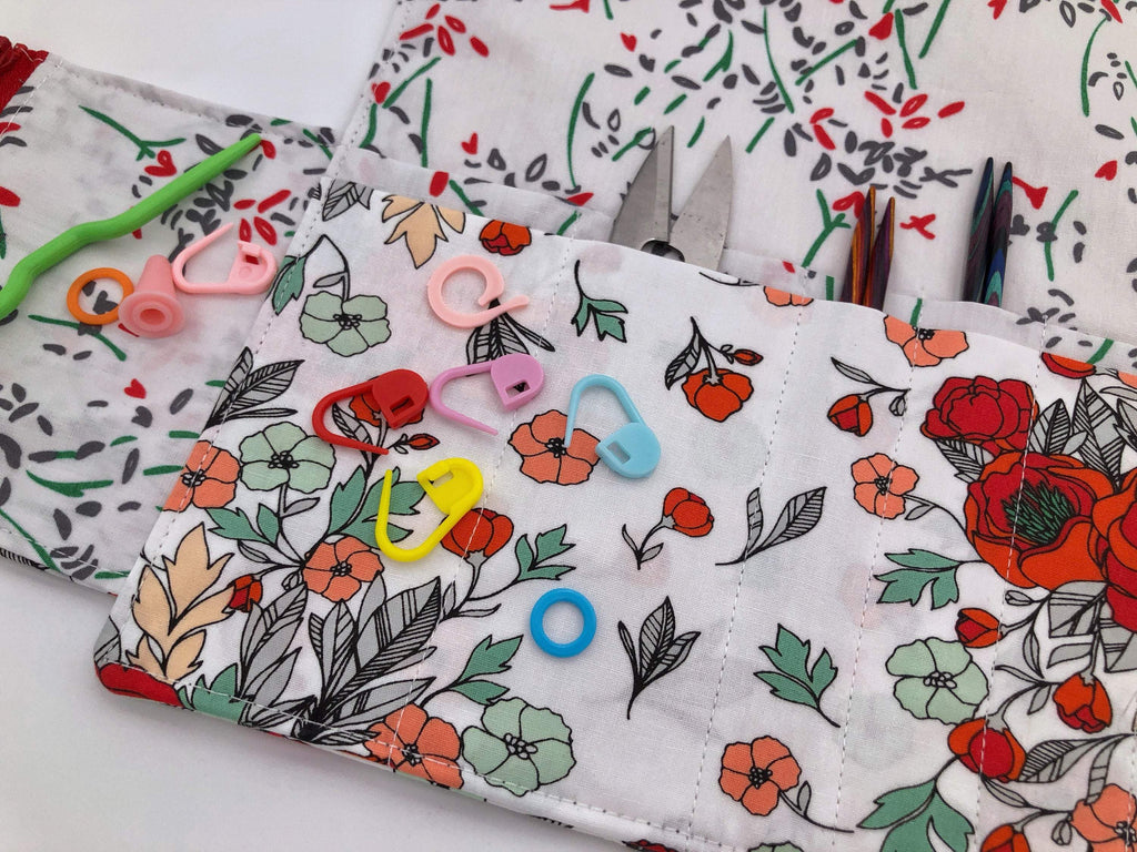 Red Interchangeable Knitting Needle Roll, Floral Crochet Hook Case, Notions Storage - EcoHip Custom Designs