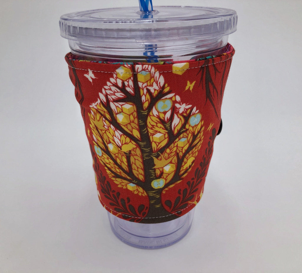 Tree of Life Coffee Sleeve, Reversible Iced Coffee Cozy, Red Cold Drink Coozie - EcoHip Custom Designs