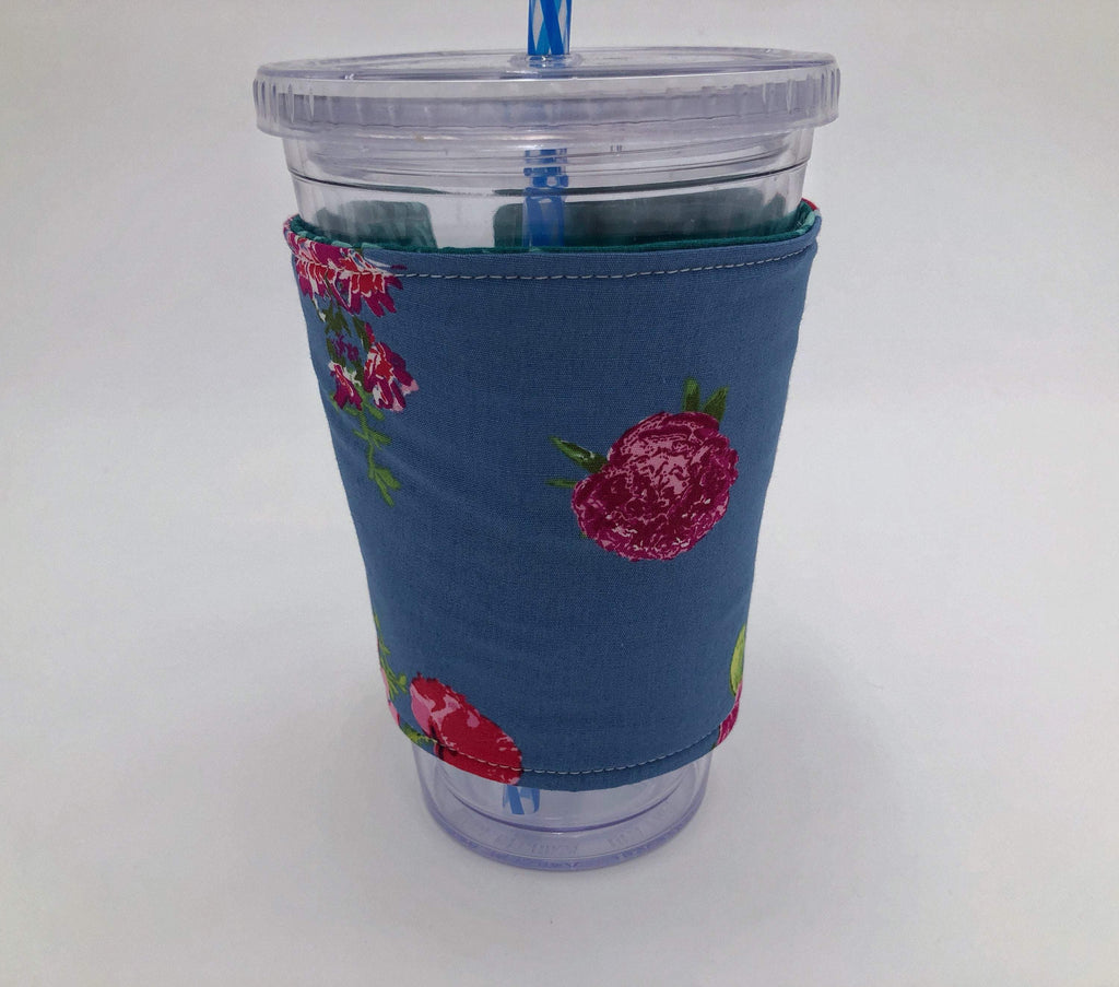 Reversible Coffee Cozy, Floral Coffee Sleeve, Insulated Teal Green Drink Cuff - EcoHip Custom Designs