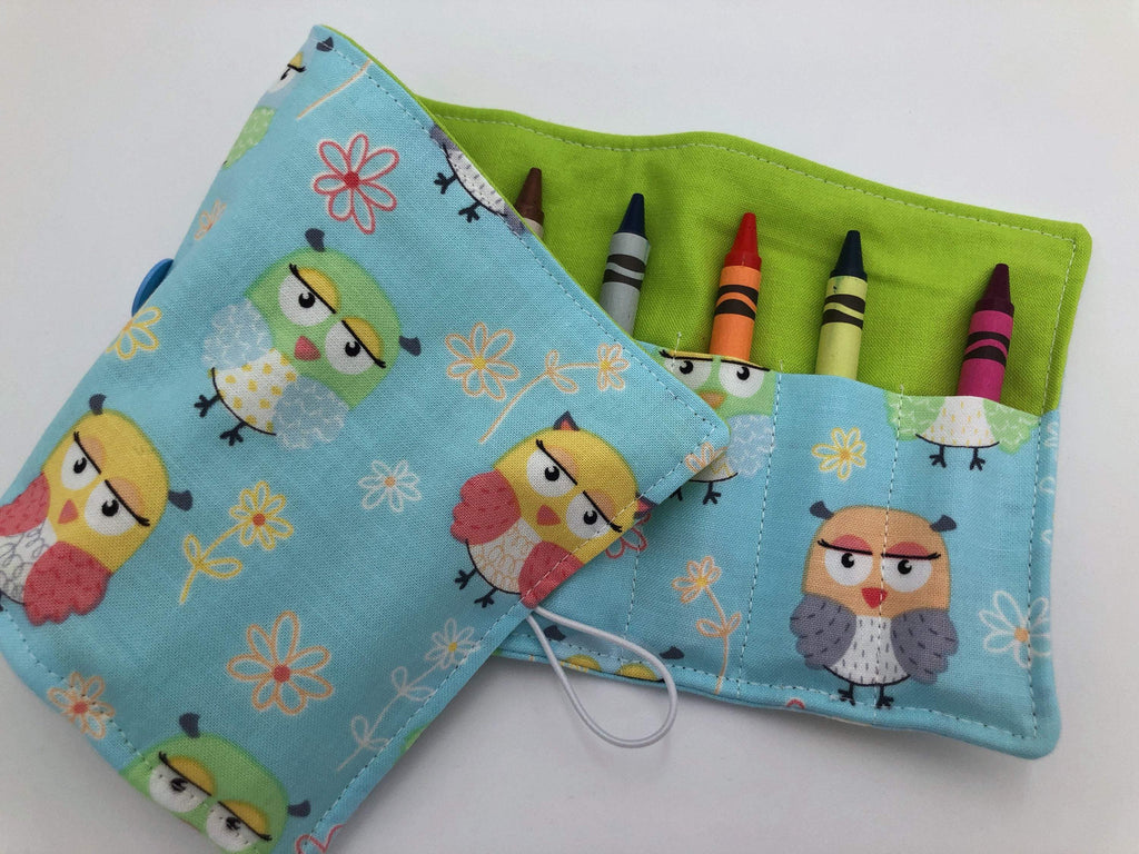 Blue Owl Crayon Roll, Bird Crayon Caddy, Travel Toy Bag for Kids - EcoHip Custom Designs