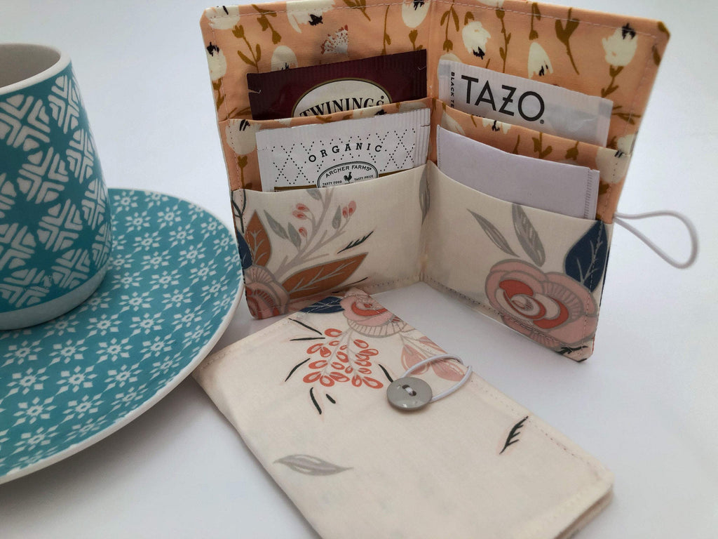 Cream Tea Wallet, Beige Teabag Holder, Floral Rose Tea Bag Case - EcoHip Custom Designs
