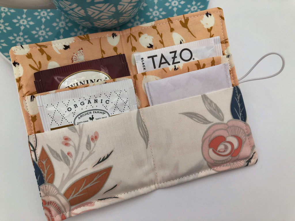 Cream Tea Wallet, Beige Teabag Holder, Floral Rose Tea Bag Case - EcoHip Custom Designs