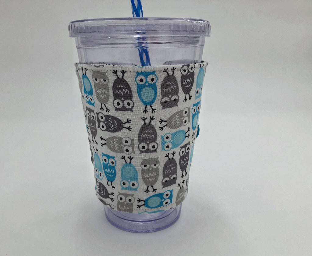 Blue Owl Iced Coffee Cozy, Gray Bird Coffee Sleeve, Nature Tree Hot Drink Cozy - EcoHip Custom Designs