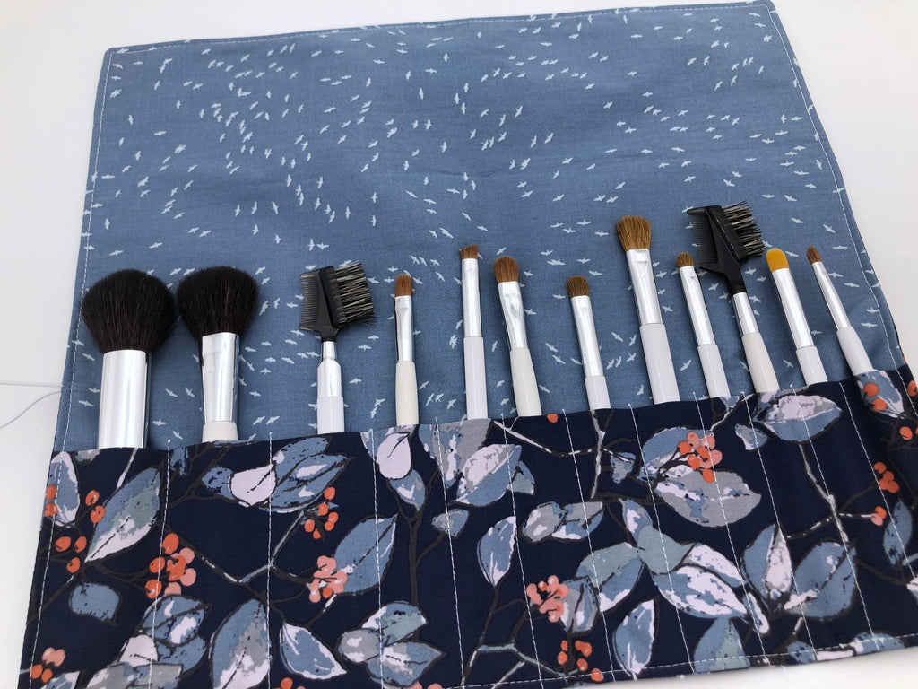Blue Make Up Brush Organizer, Bird Makeup Brush Case, Cosmetic Brush Roll - EcoHip Custom Designs