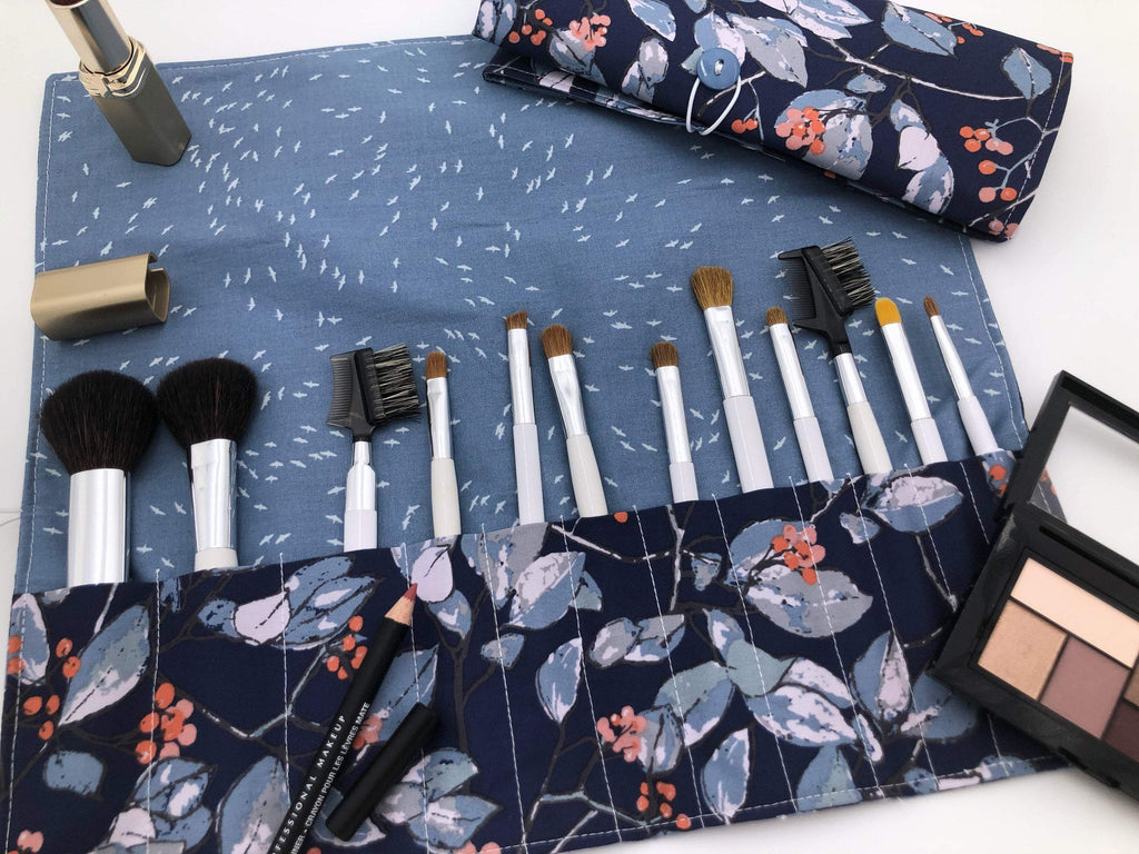 Blue Make Up Brush Organizer, Bird Makeup Brush Case, Cosmetic Brush Roll - EcoHip Custom Designs