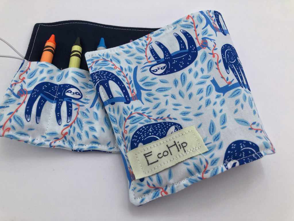 Sloths Crayon Roll, Blue Animal Crayon Caddy, Travel Toy for Kids - EcoHip Custom Designs
