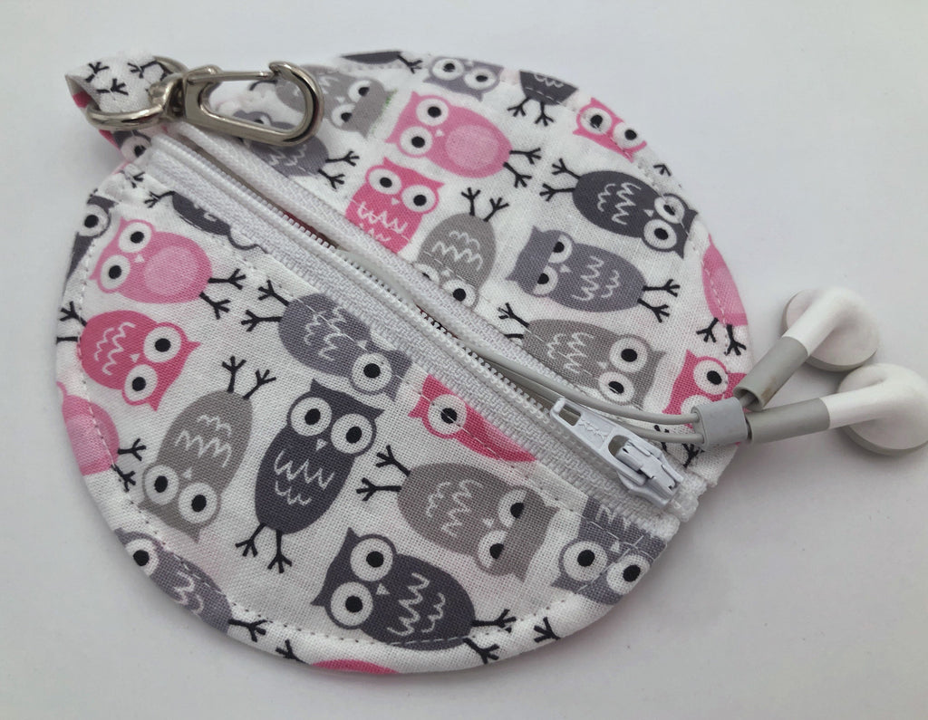 Gray Owl Headphone Case, Pink Bird Ear Pod Pouch, Small Coin Purse for Women - EcoHip Custom Designs