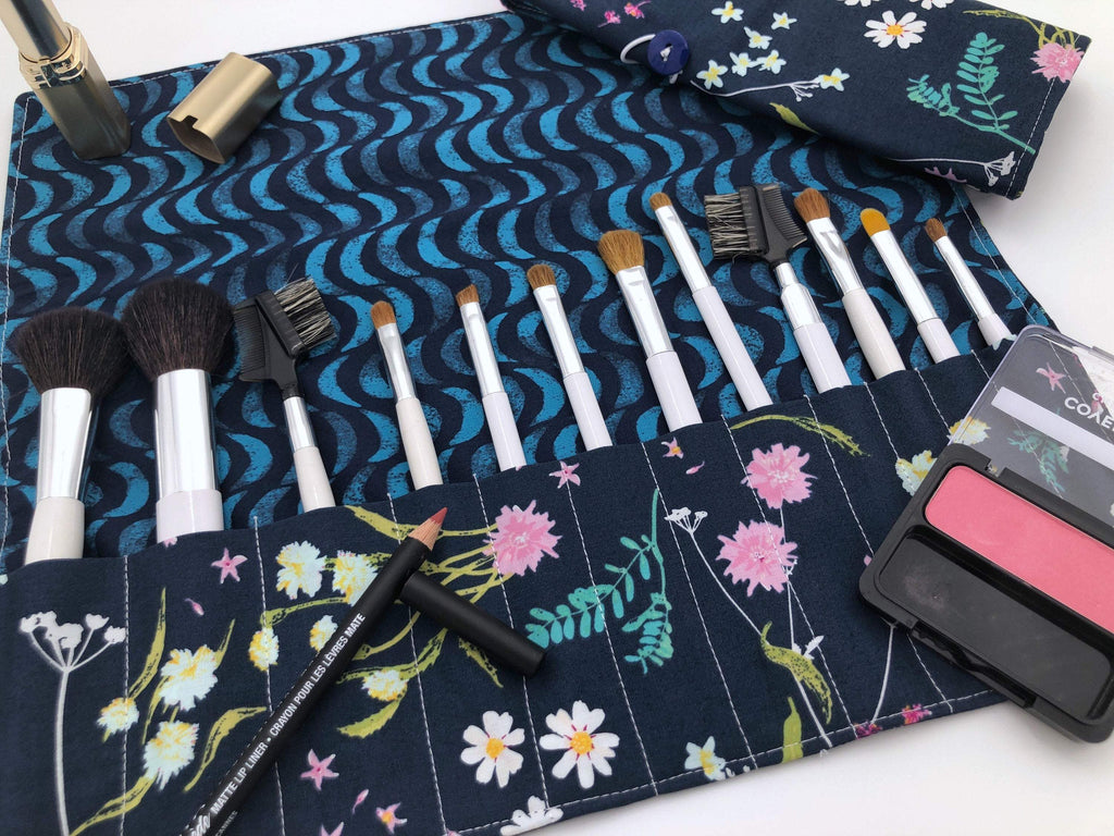 Blue Makeup Brush Roll, Floral Makeup Brush Organizer, Orchid Travel Bag - EcoHip Custom Designs