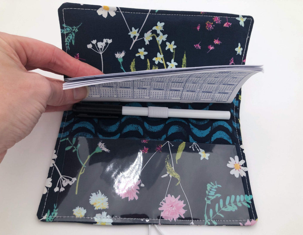Dark Blue Duplicate Checkbook Cover,  Floral Check Book Wallet, Pen Holder - EcoHip Custom Designs