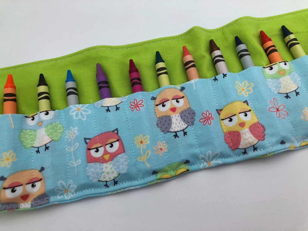 Blue Owl Crayon Roll, Bird Crayon Caddy, Travel Toy Bag for Kids - EcoHip Custom Designs