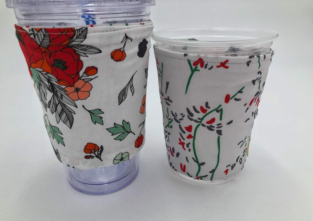 Red Floral Coffee Cozy, Reversible Iced Coffee Sleeve, Insulated Hot Drink Cozy - EcoHip Custom Designs